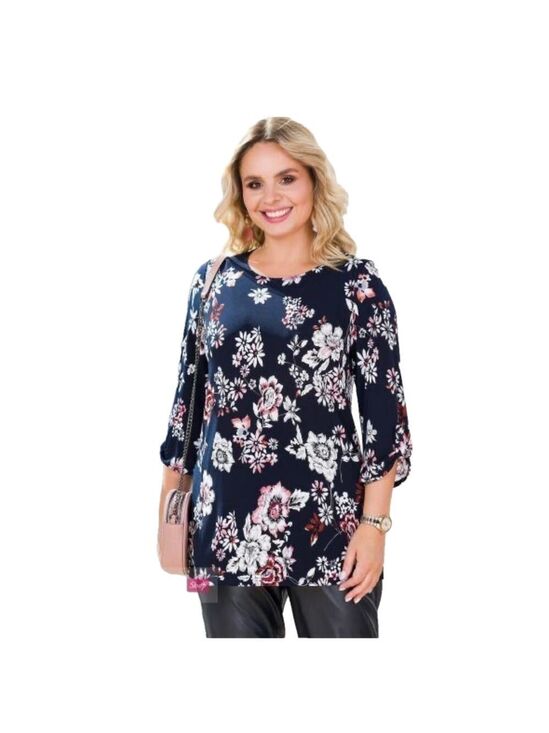 Tops - Women Long Sleeve Shirt Tunic Tops Flower Print Blouse Shirts Blue Pink Size XL